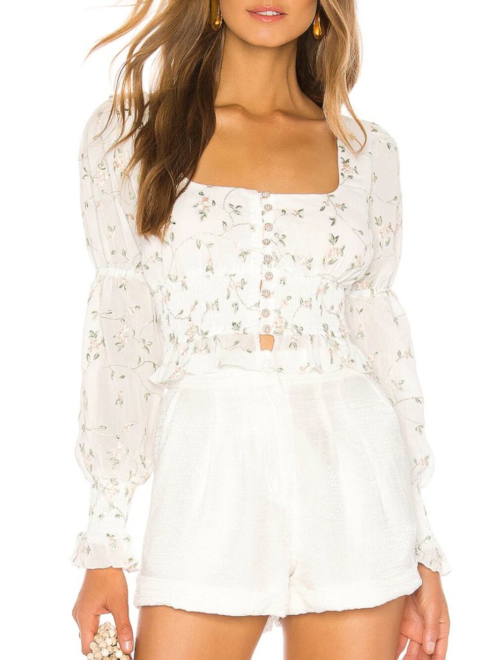MAJORELLE Emerson White Field Floral Embroidered Long Sleeve Bridal Fairy Top